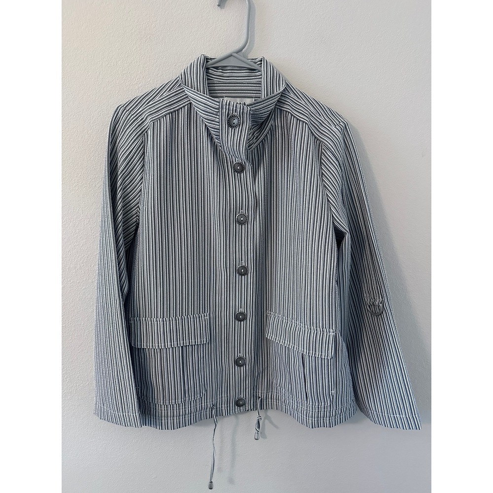 Drapers & Damons Jacket Medium Blue White Excellent Striped Funnel Neck D-Ring